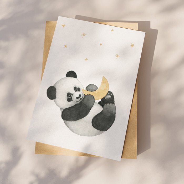 Wenskaart Ansichtkaart Panda met maan